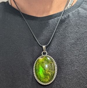 Large Hand Crafted emerald green and gold necklace on 18 inch leather cord